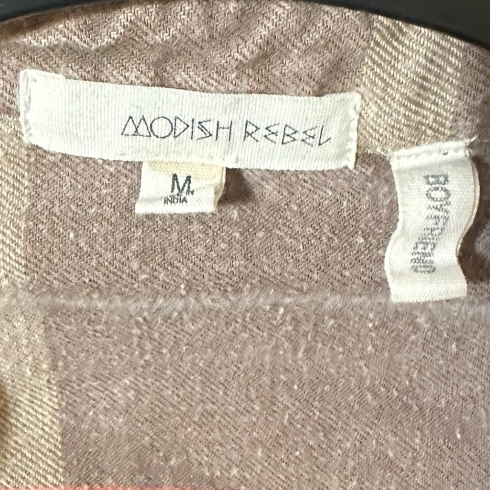 MODISH REBEL Boyfriend 100% cotton light brown & pink plaid flannel shirt sz M - Picture 2 of 4